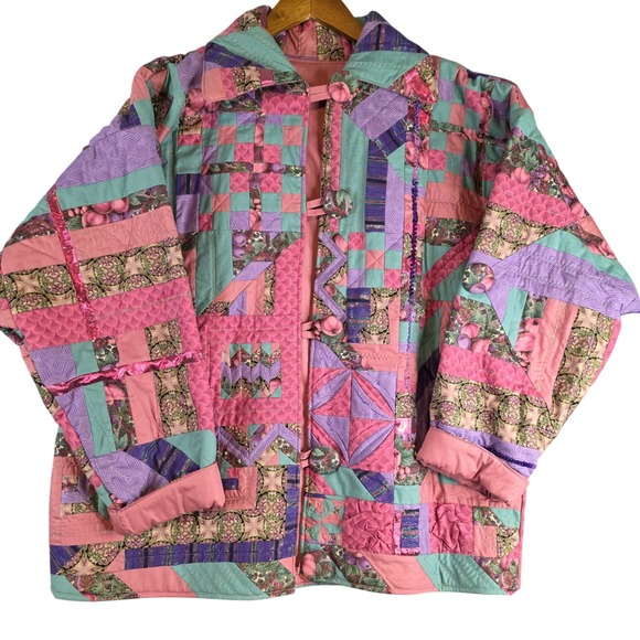Handmade Jackets & Blazers - Handmade Quilted Patchwork Jacket Womens XL Pink Purple Teal Wearable Art Boho